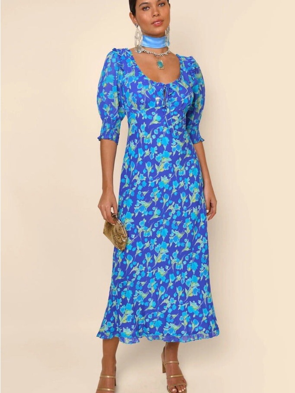 Like New - RIXO Blue Floral Midi Dress with Puff Sleeves (US 16)